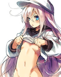 Rule 34 | 10s, 1girl, bad id, bad pixiv id, blue eyes, bottomless, groin, hat, hibiki (kancolle), highres, kantai collection, long hair, looking at viewer, navel, out-of-frame censoring, personification, redcomet, school uniform, simple background, sketch, solo, verniy (kancolle), white background, white hair