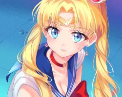 Rule 34 | 1girl, absurdres, bishoujo senshi sailor moon, blonde hair, blue eyes, blue sailor collar, blush, breasts, choker, circlet, cleavage, collarbone, commentary, crescent, crescent earrings, derivative work, earrings, english commentary, heart, highres, jewelry, long hair, looking at viewer, making-of available, meme, red choker, sailor collar, sailor moon, sailor moon redraw challenge (meme), sailor senshi uniform, screenshot redraw, solo, sweatdrop, teeth, tsukino usagi, twintails, upper body, wavy mouth, yaya chan