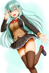 Rule 34 | 1girl, ;d, absurdres, abukobato, aqua hair, black skirt, blush, bow, bowtie, breasts, brown thighhighs, cardigan, frilled skirt, frills, full body, green eyes, hair between eyes, highres, jacket, kantai collection, large breasts, leg up, loafers, long hair, long sleeves, looking at viewer, miniskirt, one eye closed, open clothes, open jacket, open mouth, photoshop (medium), pleated skirt, red bow, red bowtie, school uniform, shoes, skirt, smile, solo, suzuya (kancolle), thighhighs, v