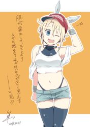 Rule 34 | 1girl, 2016, ;d, arm behind head, black thighhighs, blonde hair, blue eyes, breasts, clothing cutout, commentary request, crop top, dated, denim, denim shorts, hair between eyes, hair ribbon, hat, highres, looking at viewer, midriff, navel, one eye closed, open mouth, original, outline, panty straps, ribbon, shirt, short shorts, shorts, shoulder cutout, signature, sleeveless, sleeveless turtleneck, smile, solo, star (symbol), thighhighs, translation request, tsukigi, turtleneck, white outline, white shirt, wristband, yellow background