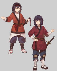 Rule 34 | 2girls, :&lt;, black hair, chinese clothes, commentary request, fangdan runiu, grey background, hand on own hip, headband, medieval, multiple girls, original, puttees, sandals, sheath, sheathed, soldier, sword, weapon, yellow eyes