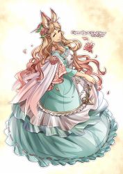 Rule 34 | 10s, 1girl, animal ears, blonde hair, blue dress, breasts, character name, circlet, cleavage, clothes lift, collarbone, copyright name, dress, dress lift, erune, flower, frilled dress, frills, gradient hair, granblue fantasy, green eyes, hair flower, hair ornament, highres, horse ears, horse girl, leaf, looking away, looking to the side, mishra, multicolored hair, outline, petals, pink flower, pink hair, pink rose, rose, smile, solo, standing, urashimatsushima