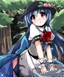 Rule 34 | 1girl, arm support, bad hands, blue hair, fa no hito, female focus, food, forest, fruit, hat, hinanawi tenshi, leaning forward, long hair, nature, outdoors, peach, red eyes, ribbon, solo, stone, touhou, tree, wrist cuffs