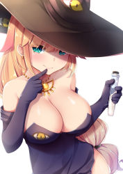 Rule 34 | 1girl, aqua eyes, bare shoulders, blonde hair, breasts, brown gloves, brown hat, cleavage, closed mouth, demia duodectet, elbow gloves, eyes visible through hair, flask, gloves, hat, highres, holding, holding flask, ishuzoku reviewers, jewelry, large breasts, long hair, looking at viewer, necklace, simple background, smile, solo, test tube, umou (may65879), white background, witch hat
