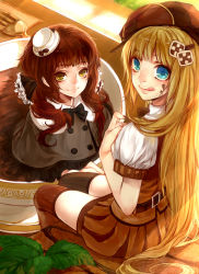 Rule 34 | 2girls, :q, absurdres, bad id, bad pixiv id, blonde hair, blue eyes, brown hair, coffee, cup, happy, hat, highres, in container, in cup, long hair, looking at viewer, mini person, minigirl, multiple girls, original, silverwing, tongue, tongue out, yellow eyes