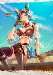 Rule 34 | 1girl, animal, animal ears, animal on shoulder, arm garter, bandana, belt, bird, bird on shoulder, black hair, black thighhighs, blue belt, blue sky, boots, breasts, brown footwear, brown gloves, brown shirt, brown skirt, character name, cleavage, clothing cutout, cloud, cloudy sky, collared shirt, commentary, cropped shirt, day, ear covers, eating, envelope, food, frilled sleeves, frills, gloves, goggles, goggles on head, hair tie, holding, holding envelope, holding food, horse ears, horse girl, knee boots, looking at viewer, low twintails, midriff, miniskirt, navel, outdoors, pleated skirt, pouch, red bandana, red eyes, sandwich, shirt, short hair, shoulder cutout, sitting, skirt, sky, solo, swept bangs, thighhighs, twintails, umamusume, unajiru, white shirt, winning ticket (dream deliverer) (umamusume), winning ticket (umamusume)