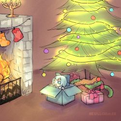 Rule 34 | 1girl, artist name, bauble, blue bow, blue eyes, blue hair, blue ribbon, bow, box, candle, candlelight, candlestand, character doll, chibi, christmas, christmas lights, christmas ornaments, christmas present, christmas stocking, christmas tree, cirno, closed mouth, fence, fire, fireplace, floral bow, fumo (doll), gift, gift box, hair ornament, hair ribbon, in box, in container, looking away, medium hair, menorah, open box, open gift, ribbon, skullchimes, smile, stone wall, touhou, twitter username, v-shaped eyes, wall, watermark, wide shot