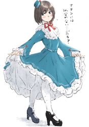 Rule 34 | 1girl, alternate costume, beret, black footwear, blue dress, blue eyes, blue hat, brown hair, classic lolita, commentary request, dress, fashion, frilled dress, frills, full body, hat, high heels, highres, kantai collection, ld (luna dial398), lolita fashion, maya (kancolle), mini hat, pantyhose, short hair, skirt hold, solo, white pantyhose
