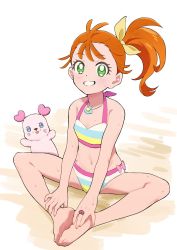 Rule 34 | 1girl, barefoot, bikini, bow, brown hair, character request, cure summer, flat chest, foot focus, green eyes, grin, hair bow, hands on own knees, heart, highres, jewelry, looking at viewer, natsuumi manatsu, navel, necklace, osame, precure, ring, shell, shell necklace, sitting, smile, solo, sweat, swimsuit, tropical-rouge! precure, yellow bow