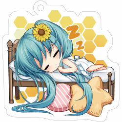 Rule 34 | 1girl, absurdly long hair, barefoot, blue hair, blush, chibi, closed mouth, diagonal stripes, dress, closed eyes, flower, hair flower, hair ornament, hatsune miku, honeycomb (pattern), honeycomb background, long hair, lying, nametakenoko, on bed, on side, pillow, sleeping, sleeveless, sleeveless dress, solo, star (symbol), star-shaped pillow, striped, sunflower, twintails, very long hair, vocaloid, white background, white dress, yellow flower, zzz