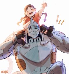 Rule 34 | +++, 1boy, 1girl, :d, ^ ^, alphonse elric, arm up, armor, artist name, backlighting, black gloves, blush, braid, brown footwear, brown hair, carrying, closed eyes, commentary, english commentary, closed eyes, fingernails, flamel symbol, floating hair, fullmetal alchemist, gloves, hand on another&#039;s head, hand on another&#039;s leg, happy, helmet, highres, hopping, nina tucker, open mouth, playing, red shirt, shirt, short sleeves, shoulder carry, simple background, smile, tongue, twin braids, viria13, white background