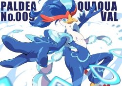 Rule 34 | aqua eyes, blurry, character name, closed mouth, commentary, creatures (company), game freak, gamiani zero, highres, leg up, looking to the side, motion blur, nintendo, outstretched arms, pokemon, pokemon (creature), quaquaval, solo, white background