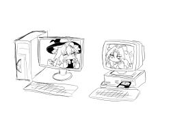 Rule 34 | 2girls, bow, cd, computer, crt, floppy disk, fourth wall, frilled hat, frills, greyscale, hat, hat bow, highres, keyboard (computer), kirisame marisa, kuma xylocopa, long sleeves, looking at another, mima (touhou), monitor, monochrome, multiple girls, parted bangs, sad, simple background, touhou, white background, witch hat