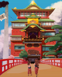 Rule 34 | 2girls, anna (or), architecture, bathhouse, blue sky, bridge, brown hair, character request, cloud, flag, from behind, full body, long hair, medium hair, multiple girls, ogino chihiro, outdoors, lin (sen to chihiro no kamikakushi), sen to chihiro no kamikakushi, sky, standing, studio ghibli, tree