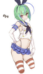 Rule 34 | 1girl, absurdres, black hairband, black neckerchief, black panties, blue sailor collar, blue skirt, bob cut, cosplay, crop top, cropped legs, elbow gloves, embarrassed, gloves, green hair, hairband, highleg, highleg panties, highres, kantai collection, looking at viewer, microskirt, miniskirt, multicolored hair, neckerchief, panties, pleated skirt, purple hair, ryo (tg290), sailor collar, shimakaze (kancolle), shimakaze (kancolle) (cosplay), short hair, skirt, solo, striped clothes, striped thighhighs, take (kancolle), thighhighs, twitter username, underwear, white background, white gloves