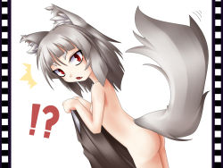 Rule 34 | !?, 1girl, ^^^, animal ears, film strip, flat chest, inubashiri momiji, looking at viewer, naginami, nipples, nude, red eyes, simple background, solo, tail, touhou, white background, wolf ears, wolf tail