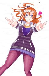 Rule 34 | 10s, 1girl, bed sheet, blue eyes, blush, closed mouth, colorized, denim, denim skirt, foreshortening, from above, hair between eyes, heart, hip focus, indoors, jacket, kiririn51, kosaka honoka, letterman jacket, light smile, long hair, long sleeves, looking at viewer, love live!, love live! school idol festival, love live! school idol project, lying, on back, on bed, one side up, open clothes, open jacket, orange hair, outstretched arms, pantyhose, pencil skirt, pocket, polka dot, ponytail, purple pantyhose, reaching, scrunchie, signature, simple background, sketch, skirt, solo, spread legs, thighband pantyhose, unzipped, white background, zipper