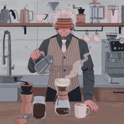 Rule 34 | 1boy, 23011620x, ace attorney, beard, coffee, coffee grinder, coffee maker, coffee mug, coffee pot, collared shirt, counter, cup, earrings, facial hair, godot (ace attorney), green shirt, grey vest, head-mounted display, highres, holding, indoors, jar, jewelry, kitchen, long sleeves, male focus, mug, necktie, pants, phoenix wright: ace attorney - trials and tribulations, pouring, shelf, shirt, short hair, sink, smile, solo, standing, striped clothes, striped vest, table, tinted eyewear, vertical-striped clothes, vertical-striped vest, vest, white hair, white necktie