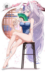 Rule 34 | 1girl, absurdres, alternate costume, animal ears, artist logo, bare arms, bare legs, bird, blue eyes, blue leotard, braid, breasts, bright pupils, chair, cherry blossoms, cleavage, commentary, detached collar, english commentary, falling petals, feather fan, feather hair ornament, feathers, flats, flower, folding fan, full body, gloves, grey hair, hair ornament, hand fan, highres, holding, holding fan, hololive, hololive indonesia, landacdeus, large breasts, leotard, long hair, looking at viewer, nontraditional playboy bunny, on chair, pavolia reine, peacock, peacock feathers, petals, pink flower, playboy bunny, rabbit ears, sitting, smile, solo, very long hair, virtual youtuber, white background, white footwear, white gloves, window, wooden chair, wrist cuffs