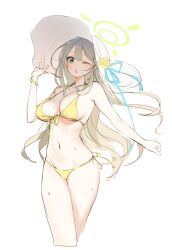 Rule 34 | 1girl, bare arms, bare legs, bare shoulders, bikini, blue archive, blush, breasts, collarbone, cropped legs, feet out of frame, green eyes, green halo, halo, hat, highres, large breasts, light brown hair, long hair, looking at viewer, navel, nonomi (blue archive), nonomi (swimsuit) (blue archive), official alternate costume, one eye closed, open mouth, oyabuli, simple background, solo, swimsuit, white background, white hat, yellow bikini