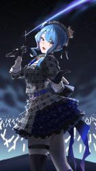 Rule 34 | 1girl, :d, absurdres, ascot, belt, beret, black choker, black gloves, blue belt, blue eyes, blue hair, bracelet, choker, concert, crowd, crown, dress, frilled dress, frills, glint, gloves, grey dress, hand up, hat, highres, holding, holding microphone, hololive, hoshimachi suisei, hoshimachi suisei (1st costume), idol, jewelry, light stick, looking at viewer, microphone, mini crown, night, night sky, nyxview, open hand, open mouth, partially fingerless gloves, plaid, plaid dress, plaid headwear, shooting star, side ponytail, sidelocks, single thighhigh, sky, smile, solo, stage, star (sky), star (symbol), star in eye, starry sky, symbol in eye, thigh strap, thighhighs, thighs, virtual youtuber, wavy hair