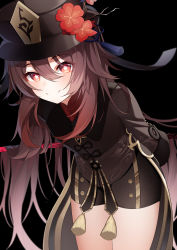 Rule 34 | 1girl, absurdres, black background, black hat, black jacket, blush, brown hair, commentary, cowboy shot, flower, genshin impact, hair between eyes, hat, hat flower, highres, hu tao (genshin impact), jacket, leaning forward, long hair, long sleeves, looking at viewer, red eyes, red flower, simple background, smile, solo, standing, the cold, thighs, very long hair