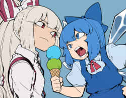 Rule 34 | 2girls, blue eyes, blue hair, bow, cirno, flat color, food, fujiwara no mokou, hair bow, hand on own hip, ice, ice cream, ice cream cone, ice wings, long hair, multiple girls, open mouth, ponytail, puffy short sleeves, puffy sleeves, red eyes, short hair, short sleeves, silver hair, simple background, spacezin, suspenders, touhou, wings