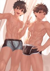 Rule 34 | 2boys, abs, black hair, black male underwear, boxer briefs, brown hair, closed mouth, green male underwear, highres, male focus, male underwear, multiple boys, navel, nayoshi (r-744), nipples, open mouth, original, pectorals, short hair, smile, toned, toned male, underwear, v