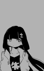 Rule 34 | 1girl, blunt bangs, cleaned, commentary, grey background, greyscale, hair ornament, hairpin, highres, jacket, long hair, looking to the side, lost umbrella (vocaloid), milestone celebration, monochrome, no nose, nukunuku nigirimeshi, open clothes, open jacket, original, osage (nukunuku nigirimeshi), simple background, sketch, thank you, twintails, upper body, vocaloid