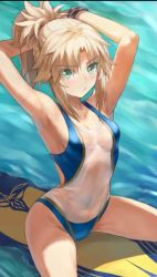 Rule 34 | 1girl, blush, fate (series), female focus, highres, looking at viewer, mordred (fate), one-piece swimsuit, solo, swimsuit, tonee, wet, wet clothes, wet swimsuit