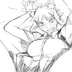 Rule 34 | 10s, 1girl, animal ears, bad id, bad pixiv id, blush, breasts, cat ears, fang, full-face blush, greyscale, huge breasts, kuraishi tanpopo, monochrome, out-of-frame censoring, pillow, pillow grab, short hair, simple background, sketch, slit pupils, solo, tsukudani (coke-buta), witch craft works