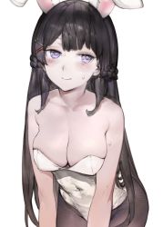 Rule 34 | 1girl, animal ears, aos, black pantyhose, blush, braid, breasts, cleavage, closed mouth, collarbone, covered navel, cowboy shot, fake animal ears, french braid, hair ornament, hairclip, leaning forward, leotard, long hair, looking at viewer, medium breasts, nijisanji, pantyhose, playboy bunny, rabbit ears, simple background, skindentation, smile, solo, standing, straight hair, strapless, strapless leotard, sweat, tsukino mito, very long hair, virtual youtuber, white background, white leotard