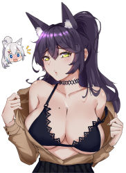 Rule 34 | 1girl, :o, absurdres, animal ears, bare shoulders, black bra, black skirt, blue eyes, blush, bra, breasts, brown shirt, choker, collarbone, collared shirt, dress shirt, fox ears, fox girl, hair between eyes, highres, indie virtual youtuber, lace, lace-trimmed bra, lace trim, large breasts, long hair, long sleeves, looking at viewer, ltsum, mizuki (vtuber), mole, mole on breast, nail polish, open clothes, open shirt, ponytail, purple hair, seki (vtuber), shirt, simple background, skirt, strap slip, underwear, virtual youtuber, white background, yellow eyes