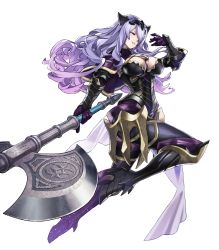 Rule 34 | 1girl, armor, armored boots, axe, black armor, black footwear, black panties, boots, breasts, camilla (fire emblem), capelet, cleavage, fire emblem, fire emblem fates, fire emblem heroes, full body, gloves, high heel boots, high heels, highres, holding, holding axe, holding weapon, large breasts, leather, lips, loincloth, long hair, looking at viewer, maeshima shigeki, armored boots, nintendo, official art, panties, parted lips, purple eyes, purple gloves, purple hair, shiny clothes, shiny skin, smug, solo, thigh boots, thighhighs, thighs, tiara, transparent background, underwear, vambraces, very long hair, wavy hair, weapon