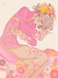 Rule 34 | 1girl, black flower, blue eyes, china dress, chinese clothes, dated, dress, expressionless, feet out of frame, floral print, flower, gold trim, grey flower, grey hair, hair flower, hair ornament, highres, jewelry, leaf, long sleeves, lying, on side, original, pink dress, pink flower, print dress, ring, short hair, simple background, solo, white background, white flower, yellow flower, yuuinami