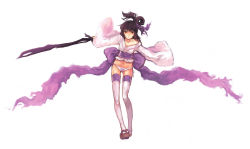 Rule 34 | 1girl, black hair, bow, clog sandals, highres, large bow, legs, midriff, navel, no pants, original, panties, red eyes, sandals, solo, sword, thighhighs, underwear, vmat, vmat (pixiv), weapon, zouri