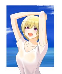 Rule 34 | 1girl, arms up, blonde hair, blue sky, border, breasts, collarbone, eyelashes, hair between eyes, highres, idolmaster, idolmaster shiny colors, looking at viewer, medium breasts, open mouth, out type (outtypeex), purple eyes, saijo juri, see-through, see-through shirt, shirt, short hair, sky, smile, sweat, sweaty clothes, t-shirt, upper body, water, white border, white shirt