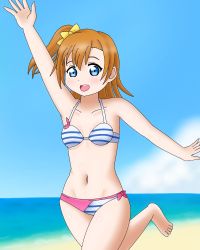 Rule 34 | 1girl, artist name, artist request, bare legs, bare shoulders, barefoot, beach, bikini, blue eyes, blue sky, blush, bow, breasts, cleavage, cloud, collarbone, day, feet, female focus, hair between eyes, hair bow, hand wave, highres, kosaka honoka, looking at viewer, love live!, love live! school idol festival, love live! school idol project, ocean, orange hair, outdoors, parted lips, ponytail, short hair, short ponytail, side-tie bikini bottom, side ponytail, sky, small breasts, smile, solo, standing, standing on one leg, striped bikini, striped clothes, swimsuit, white bikini, yellow bow