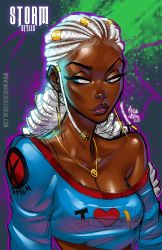 Rule 34 | 1girl, alternate hairstyle, blue eyes, breasts, cleavage, commentary, cornrows, crop top, dark-skinned female, dark skin, english commentary, eyelashes, forehead, highres, jewelry, lips, looking to the side, marcus williams, marvel, medium breasts, necklace, no bra, nose, off shoulder, pendant, ringlets, solo, storm (x-men), strap slip, thick eyebrows, very dark skin, white hair, x-men