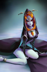 Rule 34 | 1girl, anklet, blonde hair, blue skin, breasts, bridal gauntlets, cleavage, colored skin, elise trinh, front ponytail, hood, jewelry, long hair, midna, midna (true), neon trim, nintendo, orange hair, red eyes, sitting, solo, spoilers, tattoo, the legend of zelda, the legend of zelda: twilight princess, wariza, x-chan-