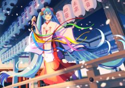 Rule 34 | 1girl, aqua eyes, aqua hair, architecture, bell, blurry, blurry background, blurry foreground, blush, cherry blossoms, commentary, depth of field, east asian architecture, full body, hair ornament, hakama, hakama skirt, hand up, hatsune miku, highres, holding, holding instrument, instrument, japanese clothes, jingle bell, kagura suzu, kanzashi, lantern, long hair, looking at viewer, miko, nokuhashi, open mouth, petals, red skirt, robe, skirt, smile, solo, standing, streamers, tassel, temple, twintails, very long hair, vocaloid, white sleeves, wide sleeves