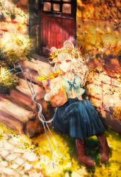 Rule 34 | 1girl, alternate hair color, alternate hair length, alternate hairstyle, animal ears, apple, bag, baguette, blonde hair, blue skirt, boots, bread, brick wall, brown footwear, capelet, cobblestone, day, dowsing rod, food, fruit, grapes, grass, grocery bag, highres, holding, holding bag, leaning on object, light smile, long hair, long skirt, looking to the side, mouse ears, mouse tail, nazrin, on ground, orange (fruit), outdoors, red eyes, shirt, shopping bag, sitting, skirt, solo, stairs, tail, tail wrap, tonan (l0l0l0l0l0l), touhou, white shirt, wooden door