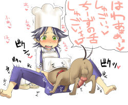 Rule 34 | 1girl, animal penis, apron, barefoot, bestiality, black hair, blush, butter, butter (angpangmen), censored, chef hat, cunnilingus, dog, dog penis, food, green eyes, hat, jam (angpangmen), knotted penis, onigawara sharu, oral, penis, pointless censoring, solo focus, spread legs, text focus, toe scrunch, toes, translated