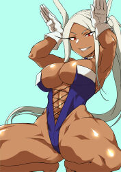 Rule 34 | 1girl, abs, absurdres, animal ears, armpits, arms up, bare legs, bare shoulders, blue leotard, boku no hero academia, breasts, cleavage, cross-laced leotard, damos (child flame), dark-skinned female, dark skin, gloves, grin, highres, large breasts, leotard, light blue background, long eyelashes, long hair, looking at viewer, mirko, muscular, muscular female, parted bangs, playboy bunny, ponytail, rabbit ears, rabbit girl, rabbit pose, red eyes, shiny skin, smile, solo, spread legs, squatting, strapless, strapless leotard, thick thighs, thighs, very long hair, white gloves, white hair