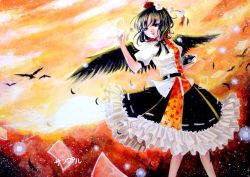 Rule 34 | 1girl, bad id, bad pixiv id, belt, bird, black hair, black wings, camera, chirarizushi, crow, falling feathers, feathers, frilled skirt, frills, hat, light particles, looking away, photo (object), pom pom (clothes), puffy short sleeves, puffy sleeves, red hat, scenery, shameimaru aya, shirt, short hair, short sleeves, skirt, smile, solo, sunset, tokin hat, touhou, twilight, wings