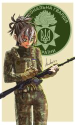 1girl ak-47 assault_rifle brown_hair bulletproof_vest camouflage camouflage_jacket camouflage_pants fingerless_gloves gloves green_eyes gun high_ponytail highres holding holding_gun holding_weapon jacket kaiba47 kalashnikov_rifle military military_combat_uniform military_jacket military_uniform multicolored_hair open_mouth original pants ponytail reloading rifle short_hair short_ponytail sidelocks simple_background soldier solo tryzub ukraine ukrainian_flag ukrainian_text weapon white_hair