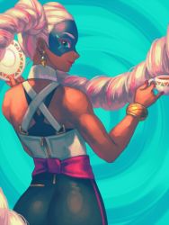 Rule 34 | 1girl, arms (game), ass, bare shoulders, bellhenge, bracelet, breasts, dark skin, dark-skinned female, drill hair, earrings, jewelry, lips, long hair, looking at viewer, mask, nail polish, pants, pink hair, smile, solo, twin drills, twintails, twintelle (arms), very long hair