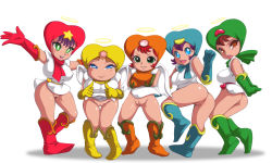 Rule 34 | 5girls, arms behind back, ass, bikkuriman, blue eyes, blush stickers, boots, bottomless, breasts, brown eyes, brown hair, character request, cleft of venus, covered erect nipples, crossed arms, fat, gloves, green eyes, halo, hat, highres, huge breasts, knees together feet apart, leg up, looking back, multiple girls, no nose, noise (lesion949), open mouth, outstretched arms, parted lips, purple hair, pussy, red hair, simple background, smile, spread arms, standing, thigh gap, uncensored, wings