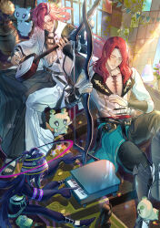 Rule 34 | absurdres, black hair, black pants, blue hair, chinese clothes, closed eyes, con (fate), dragon print, earrings, eyebrow cut, failnaught (fate), fate/grand order, fate (series), gloves, hair over one eye, halo, harp, highres, holding, instrument, jacket, japanese clothes, jewelry, long hair, long sleeves, low ponytail, makeup, multicolored hair, multiple boys, nagatekkou, pants, pectoral cleavage, pectorals, red eyes, red hair, sanbon hijiki, shamisen, smile, streaked hair, taisui xingjun (fate), takasugi shinsaku (fate), toned, toned male, tristan (fate), underpec, upper body, weapon, white hair, white jacket