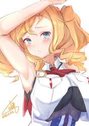 Rule 34 | 1girl, arm up, blue eyes, blush, breast pocket, breasts, calin, closed mouth, dated, dress, drill hair, hair between eyes, highres, honolulu (kancolle), kantai collection, large breasts, long hair, looking at viewer, one-hour drawing challenge, pocket, red neckwear, signature, simple background, sleeveless, sleeveless dress, solo, twin drills, upper body, white background